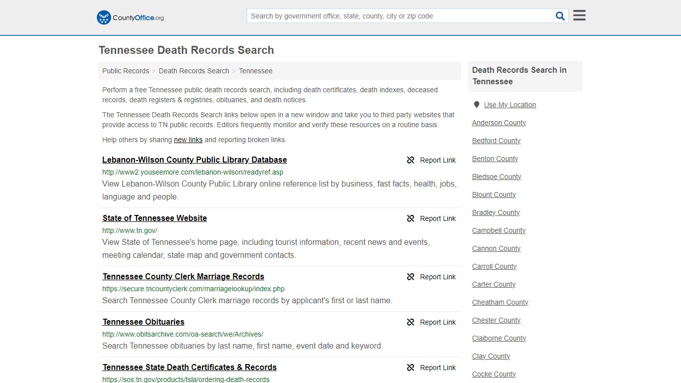 Tennessee Death Records Search - County Office